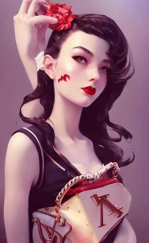 Image similar to a gorgeous pin up and beautiful fashion charming dreamlke italian girl with lv jewelry, character art, art by artgerm lau and wlop and and ilya kuvshinov and john singer sargent, hyperdetailed, 8 k realistic, symmetrical, frostbite 3 engine, cryengine, dof, trending on artstation, digital art