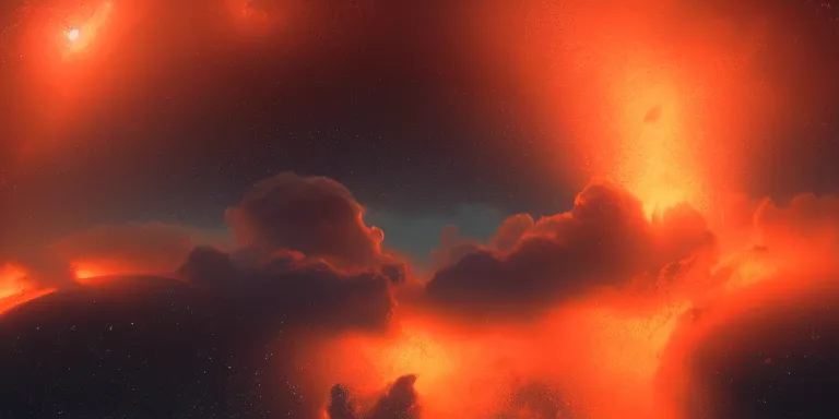 Image similar to throng of various alien flying shiny fish - like creatures, in the style of edwin salpeter. scene set in the upper atmosphere of jupiter. electrical storms. beautiful clouds. volumetric real lighting. real light and shadows. dim sun. astronomy. artstation, octane, real details, fog, 8 k, hd, warm red and orange shades.