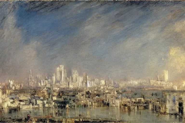 Prompt: a metropolis of white plain skyscrapers by turner and delacroix, Impressionism