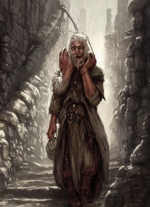 Image similar to poor beggar on the streets, bright, white, ultra detailed fantasy, dndbeyond, bright, colourful, realistic, dnd character portrait, full body, pathfinder, pinterest, art by ralph horsley, dnd, rpg, lotr game design fanart by concept art, behance hd, artstation, deviantart, hdr render in unreal engine 5