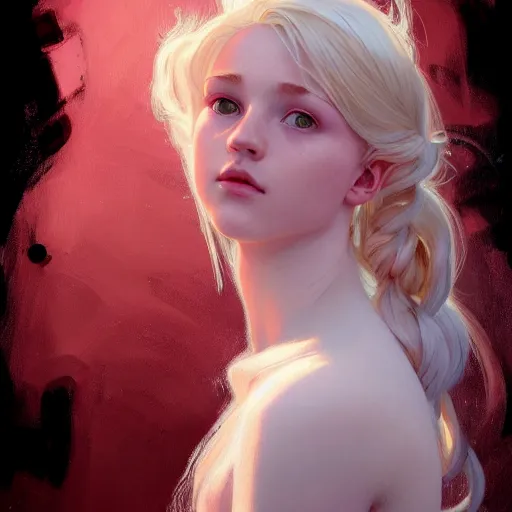 Prompt: portrait of a scottish teenage girl with pinkish blonde hair, glowing skin, delicate features, nerdy, fantasy, intricate, elegant, dress shirt, highly detailed, digital painting, artstation, concept art, smooth, sharp focus, illustration, art by Krenz Cushart and Artem Demura and alphonse mucha