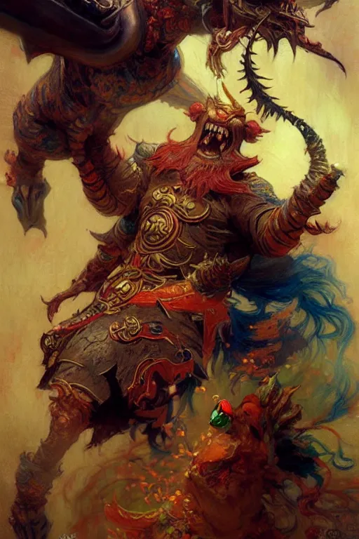 Prompt: fantasy, monster, character design, ming dynasty, colorful, painting by gaston bussiere, craig mullins, j. c. leyendecker