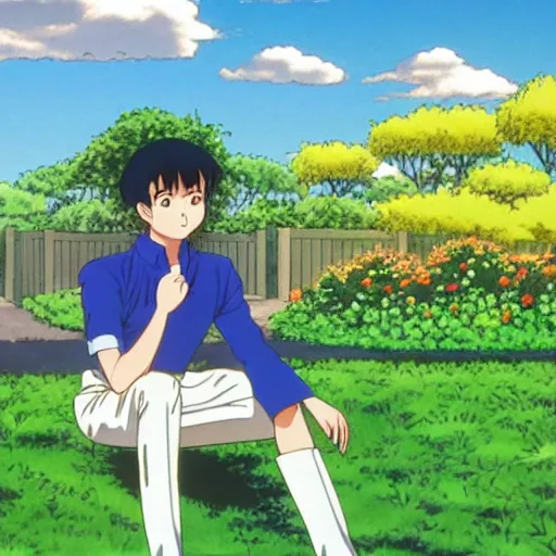 Image similar to salary man tending to his garden before going to work, directed by beat takeshi, visual novel cg, 8 0 s anime vibe, kimagure orange road, maison ikkoku, sketch by osamu tezuka, directed by makoto shinkai and beat takeshi