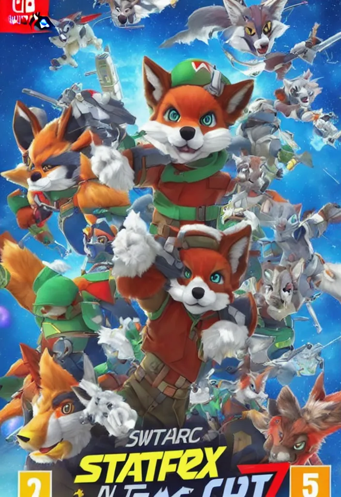 Image similar to nintendo switch box cover of a new starfox spinoff action game featuring anthro fursona furry wolf o'donnell and his space cadet crew, rated t for teen