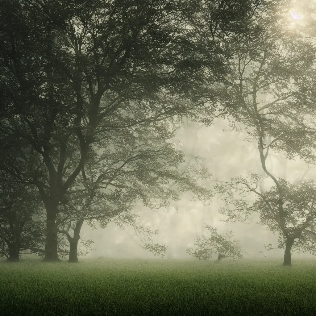 Image similar to A tree growing on a meadow partially covered with morning fog, with leaves divided in four seasons of the year, with tree hollow, with rope ladder, cinematic lighting, photo realistic image, 4K, super detailed, cinematic look