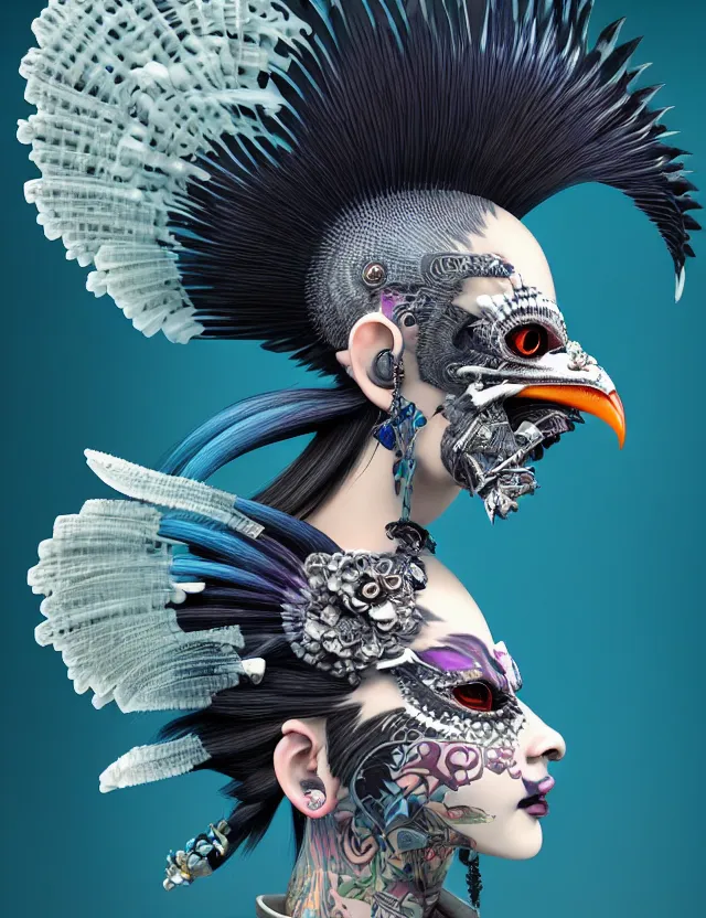 Image similar to 3 d goddess close - up profile portrait punk with mohawk with ram skull. beautiful intricately detailed japanese crow kitsune mask and clasical japanese kimono. betta fish, jellyfish phoenix, bio luminescent, plasma, ice, water, wind, creature, artwork by tooth wu and wlop and beeple and greg rutkowski