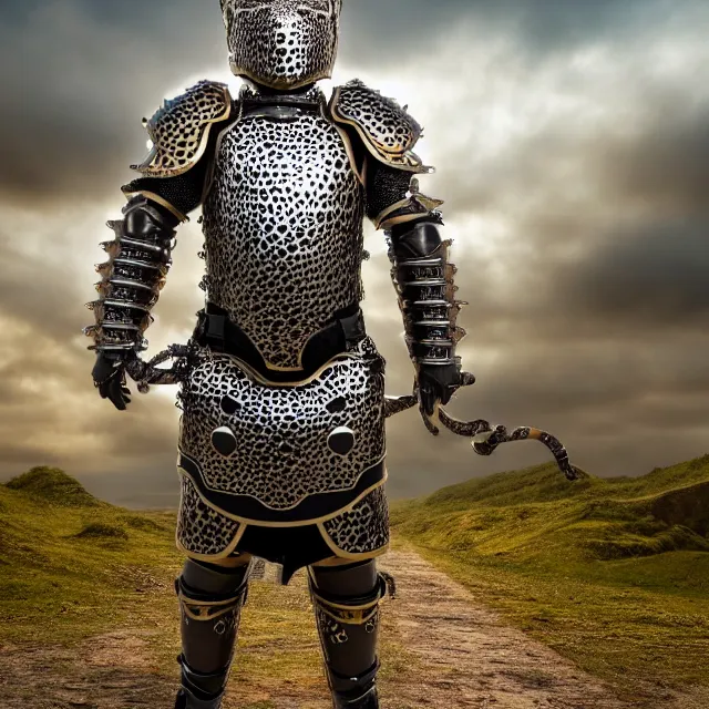 Prompt: full length photo of a jaguar man wearing armour, highly detailed, 4 k, hdr, smooth, sharp focus, high resolution, award - winning photo