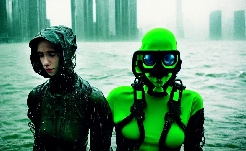 Prompt: cinestill 5 0 d candid photographic portrait by helen levitt of two cyborgs wearing rugged neon green mesh techwear in treacherous waters, extreme closeup, modern cyberpunk moody depressing cinematic, pouring rain, vaporwave, dystopian atmosphere, 8 k, hd, high resolution, 3 5 mm, f / 3 2, ultra realistic faces, ex machina
