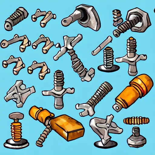 Prompt: spritesheet bolts and nuts, game asset, watercolor and ink style