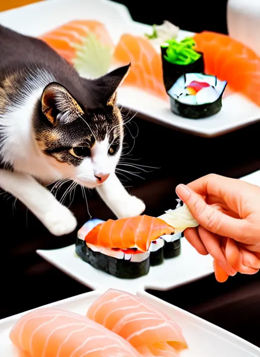 Image similar to clear photograph of cute cats stealing sushi from sushi plates