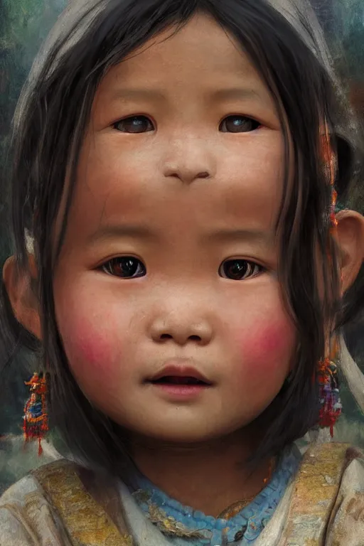 Image similar to Tibetan little girl, joyful, close-up portrait, intricate, elegant, volumetric lighting, scenery, digital painting, highly detailed, artstation, sharp focus, illustration, concept art, ruan jia, steve mccurry