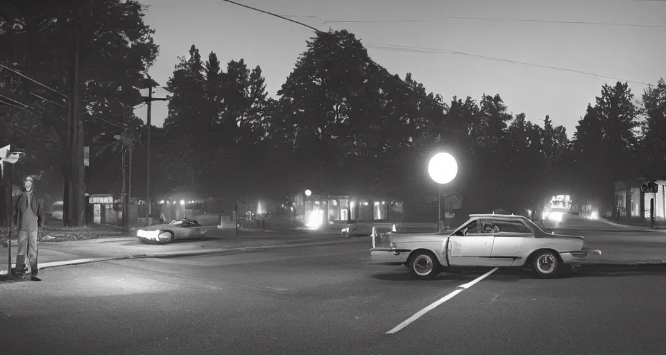 Prompt: a photograph of a car at an intersection with a person standing in its headlights by Gregory Crewdson