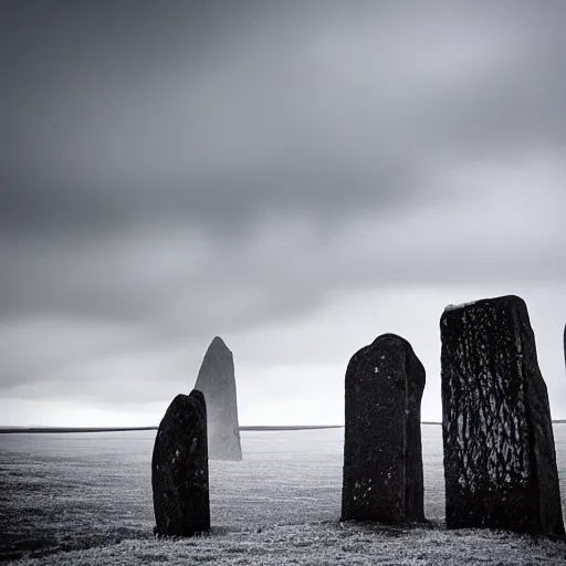 Prompt: 'The grim reaper stands large in front of neolithic standing stones of stenness, haunting, fog, grainy, snow, atmospheric clouds'