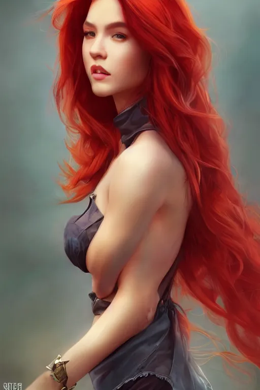 Image similar to a gorgeous female with long red hair in the style of stefan kostic, realistic, full body, sharp focus, 8 k high definition, insanely detailed, intricate, elegant, art by stanley lau and artgerm