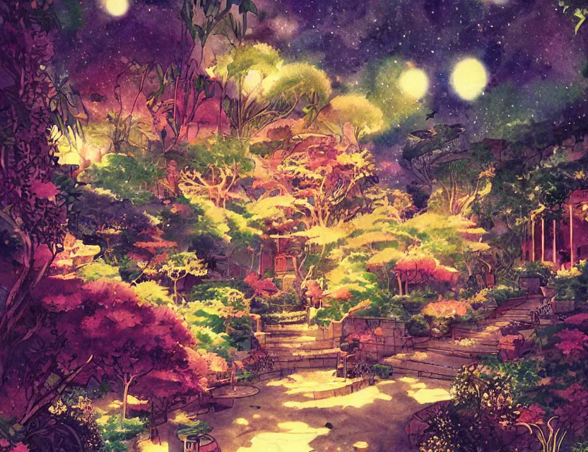 Image similar to persian garden in a space fortress, bokeh. this watercolor painting by the award - winning mangaka has dramatic lighting, an interesting color scheme and intricate details.