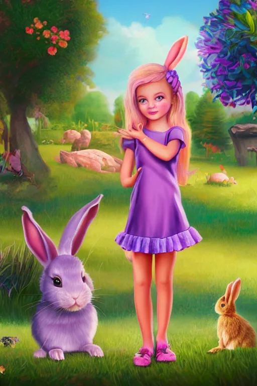 Prompt: matte sharp painting cute little girl and rabbit landscape painted by mark rydel artstation behance storybook lisa frank