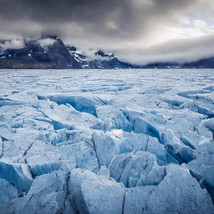 Prompt: award winning photo of glacier floating in the sky surrounded by clouds and mist,