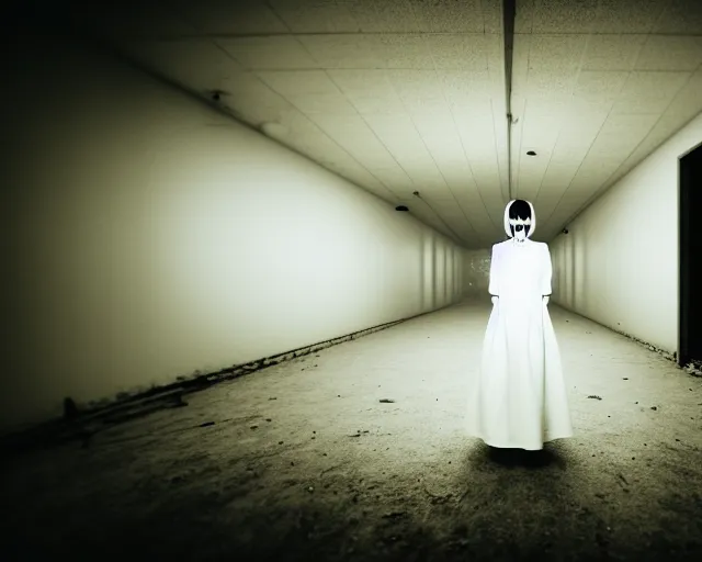 Image similar to creepy woman wearing white dress standing in the backrooms, psychological horror, the eerie forlorn atmosphere of a place that's usually bustling with people but is now abandoned and quiet, buzzing fluorescent lights above the ceiling, unsettling images, liminal space, dark