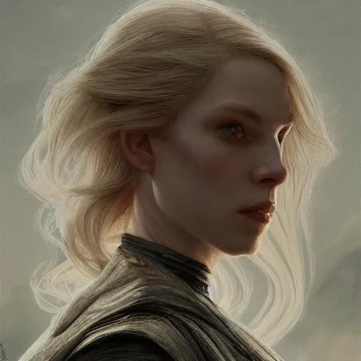 Prompt: Half portrait of a woman with blonde hair as a character in Elden Ring walking in Nokron, eternal City, gorgeous, beautiful, intricate, highly detailed, digital painting, artstation, oppressive lighting, concept art, sharp focus, illustration, art by greg rutkowski and alphonse mucha