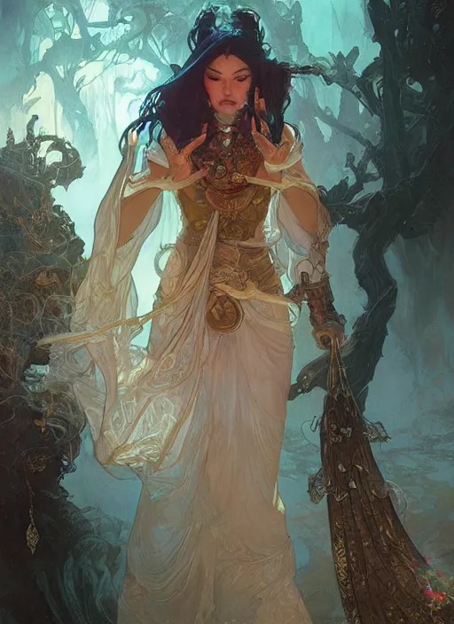 Image similar to oriental witch in elden ring by stanley artgerm lau, greg rutkowski, thomas kindkade, alphonse mucha, loish, norman rockwel