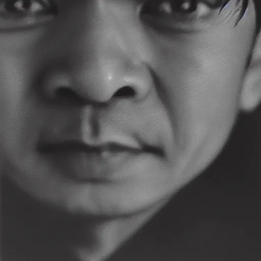 Prompt: photo of Leslie Cheung Kwok Wing by Diane Arbus, extreme closeup, black and white, high contrast, Rolleiflex, 55mm f/4 lens