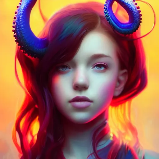 Prompt: A stunning portrait of teen girl with tentacles on her head, art by Artgerm and Ross Tran, vivid color palette, digital painting, 3D, octane render, highly detailed, particles, light effect, volumetric lighting, digital painting, artstation, concept art, smooth, sharp focus