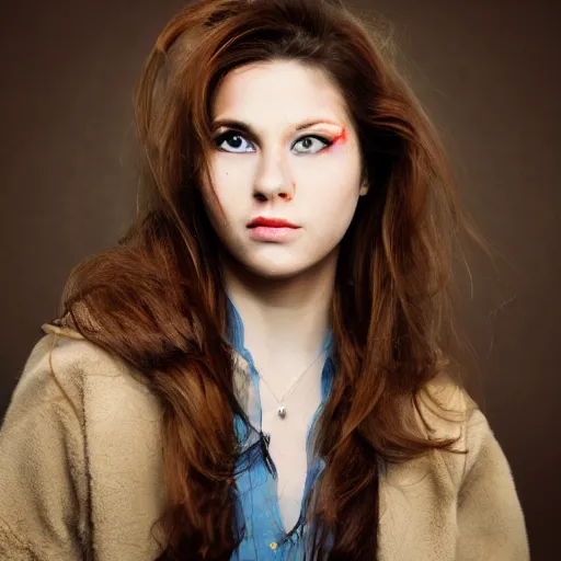 Prompt: color portrait Mid-shot of an beautiful 30-year-old woman with brown hair, street portrait in the style of Martin Schoeller award winning