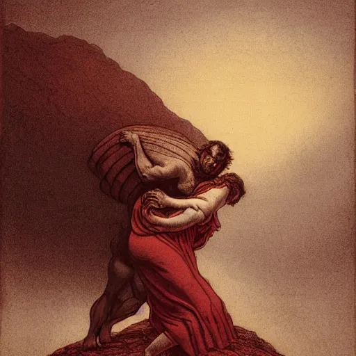 Prompt: Sisyphus carrying a fat lady on his shoulders up a mountain in hell, by Gustave Dore, rich colors, dark red orange brown black color palette