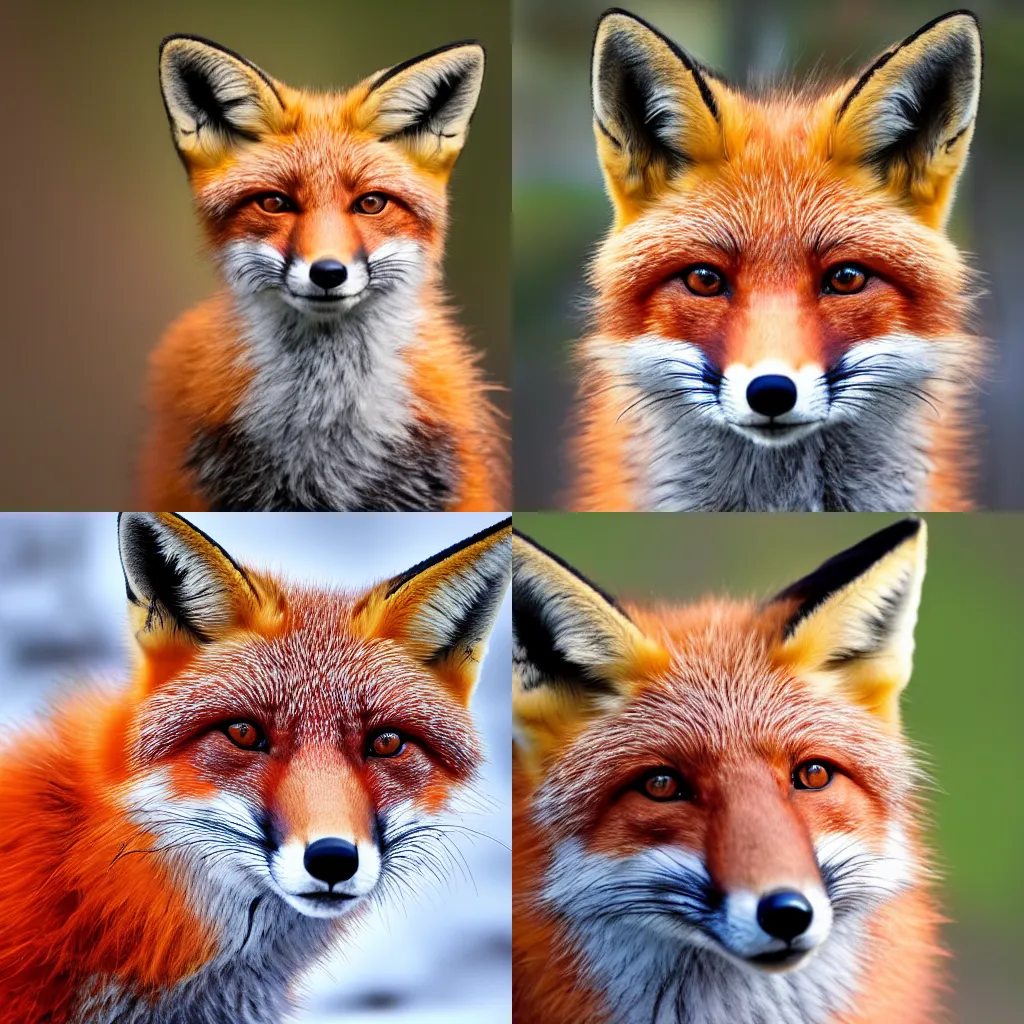 Prompt: a red fox wearing a suit looking into the camera, realistic, portrait
