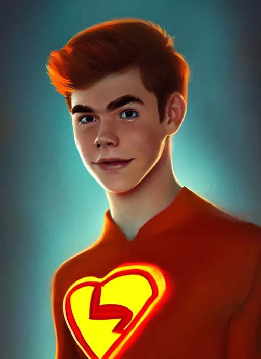 Image similar to friendly teenage archie andrews wearing an orange superhero costume with heart logo, freckles, superhero costume, heart emblem on chest, cape, intricate, elegant, glowing lights, highly detailed, digital painting, artstation, sharp focus, illustration, art by wlop, mars ravelo and greg rutkowski