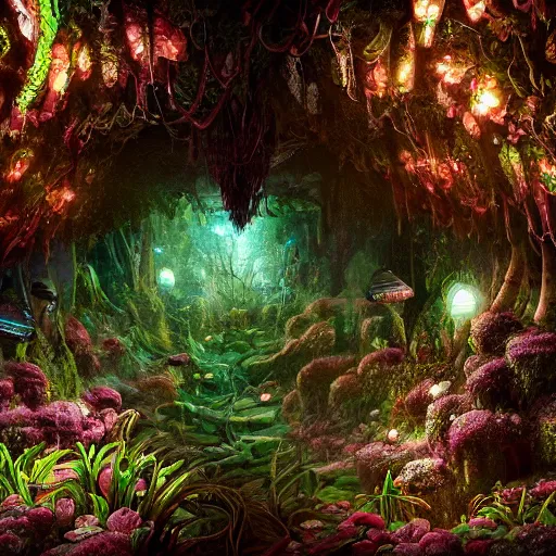 Prompt: biocomputer heart organ inside glass biocomputer flowers in a biomechanical cave forest, intricate environment, matte painting, diffused lighting, highly detailed cinematic, atmosphere, diffused lighting, highly detailed digital art, trending on artstation, depth of field, wide angle