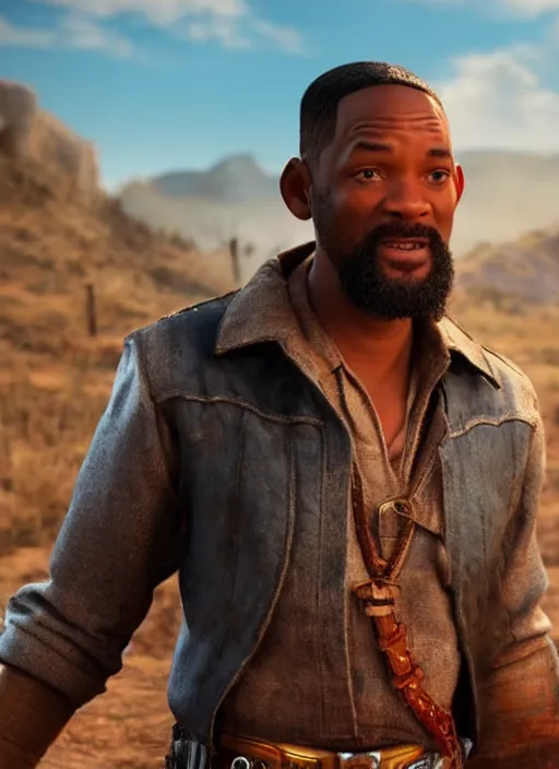 Image similar to an film still of will smith as cowboy with beard, western background, unreal engine. amazing likeness. very detailed.