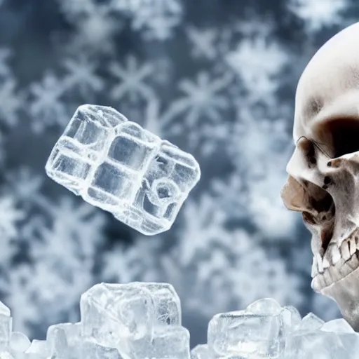 Image similar to a robotic skull encased in frozen ice cube