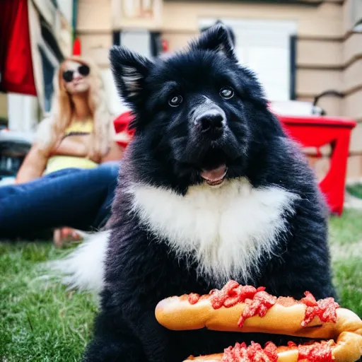 Prompt: giant fluff ball eating a hotdog