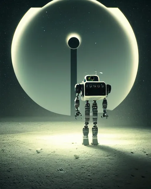 Image similar to a robot standing in front of a glowy open door that's on a barren moon, poster art by mike winkelmann, trending on cg society, space art, sci - fi, ue 5, futuristic, volumetric lighting, light casting onto the ground, neat composition and camera angle