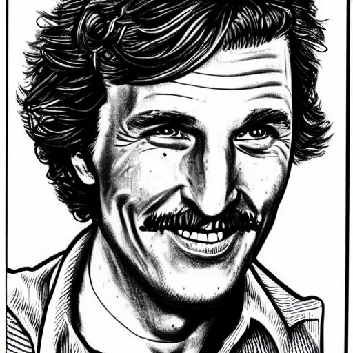 Image similar to a portrait drawing of Mathew McConaughey drawn by Robert Crumb