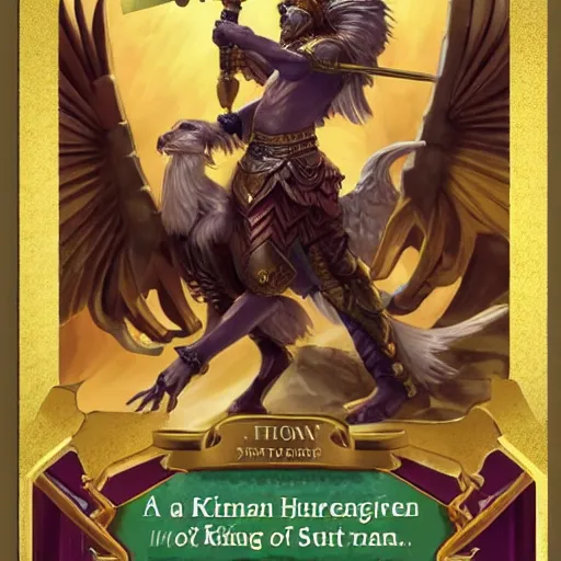 Image similar to a human king holding a golden sword and a golden shield riding a griffin, fantasy card game art