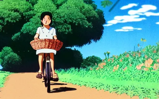 Prompt: a young girl riding a bike with a basket on a dirt path in a small town, 1970s philippines, art by hayao miyazaki, studio ghibli film, hi res, 4k