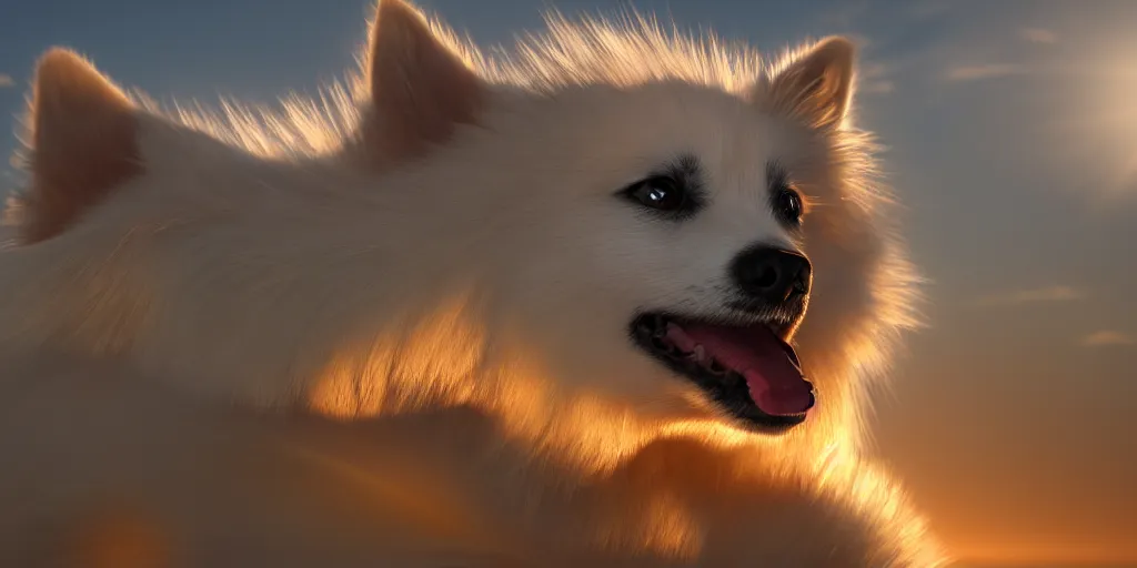 Prompt: a closeup photorealistic photograph of a cyborg japanese spitz on the beach at sunset. this 4 k hd image is trending on artstation, featured on behance, well - rendered, extra crisp, features intricate detail and the style of unreal engine. golden hour