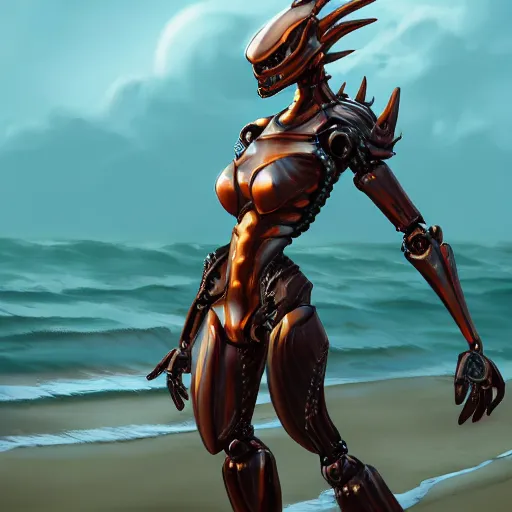 Image similar to realistic detailed stunning anthropomorphic female robot dragon doing an elegant pose, sleek streamlined armor and design, on the beach during sunset, high quality, artstation, deviantart, furaffinity
