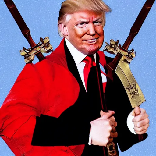 Image similar to donald trump, donald trump wearing knights armor, holding a broadsword, by hans holdein, donald trumps handsome face