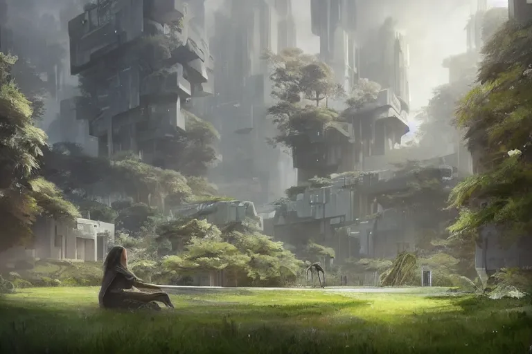 Image similar to Brutalist Shiro surrounded by manicured gardens, amazing cinematic concept painting, by Jessica Rossier