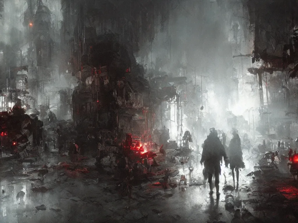 Image similar to detailed hell scene with people suffering and ghost, volumetric lighting, painting by jeremy mann