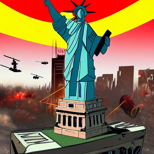 Prompt: The war between the Soviet Union and America, the action takes place in New York, far away against the background of the Statue of Liberty, a lot of soldiers and military equipment, a lot of explosions and tracer bullets, a lot of ruins, a very epic battle, Retro futurism art