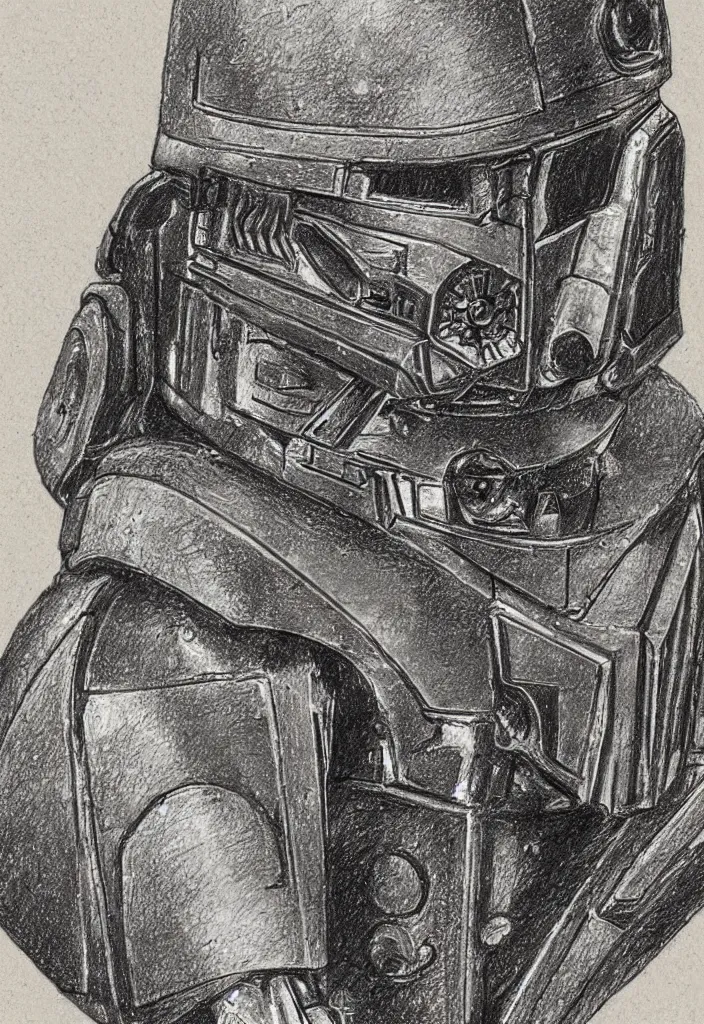 Prompt: very detailed sketch of a'star wars'robot by leonardo davinci