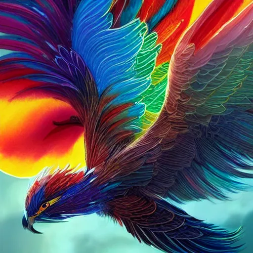 Image similar to cute flying chinese phoenix, sparkling bird eyes, embers in her bird eyes, shining rainbow feathers, sharp features, flowing fiery multicolor feathers, highly detailed, digital painting, artstation, concept art, smooth, sharp focus, beautiful rainbow feathers, expressive eyes, illustration, phoenix art by Artgerm and greg rutkowski