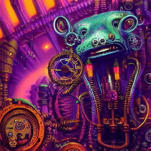 Image similar to steampunk rat, acid, 303, psychedelic, by paul lehr