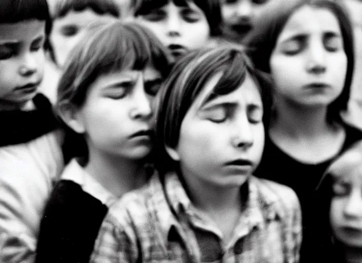 Image similar to high resolution black and white portrait with a 5 0 mm f / 1. 4 lens of russian children with their eyes closed in grief in 1 9 8 4.