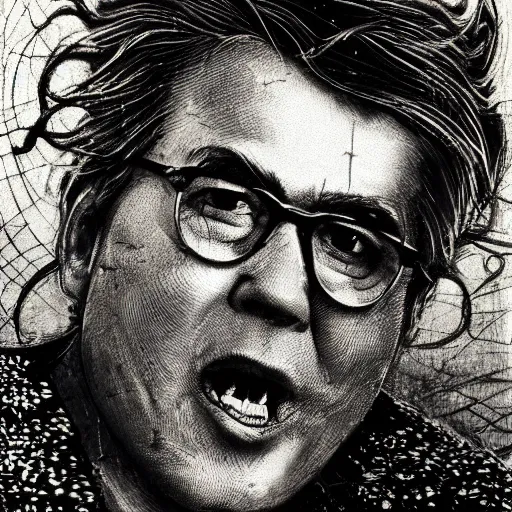 Prompt: Yoshitaka Amano realistic illustration of jeb bush ,hair fluttering in the wind, cracks on his face wearing Elden ring armour with engraving, abstract black and white patterns on the background, noisy film grain effect, highly detailed, Renaissance oil painting, weird portrait angle, blurred lost edges, three quarter view