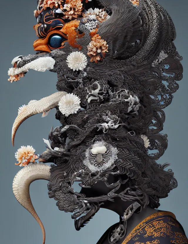 Prompt: 3 d scene of interior modelling goddess close - up profile portrait with ram skull. beautiful intricately detailed japanese crow kitsune mask and clasical japanese kimono. betta fish, jellyfish phoenix, bio luminescent, plasma, ice, water, wind, creature, artwork by tooth wu and wlop and beeple and greg rutkowski